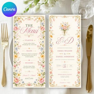 Peut inclure: Deux cartons de menu de mariage avec des bordures florales et du texte. La carte de gauche indique "Le Menu" et énumère une entrée, un plat principal et un dessert. La carte de droite porte les noms Emma Wilson et Daniel Anderson, avec les détails du mariage.