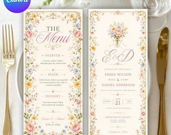 Modelo de menu de casamento com flores silvestres, cartão de menu floral editável para recepção no Canva, menu de casamento boho-chic para jardim, download digital para casamento na primavera.