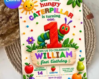 Very Hungry Caterpillar Birthday Invitation, First Birthday Invite, Editable Kids Party Template, DIY Text, Instant Download