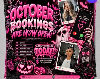 October Booking Flyer, October Appointment Flyer,  Salon Booking Template, Hair Lash Nail MUA Flyer, DIY Text, Instant Download