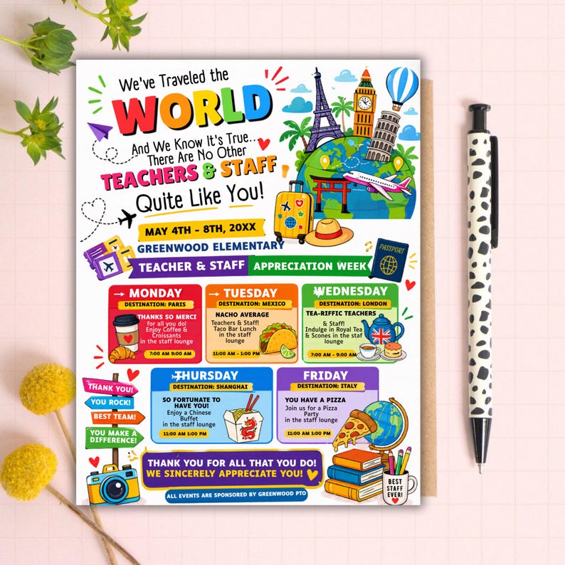 Editable Teacher Appreciation Week Itinerary Flyer, World Travel Theme ...