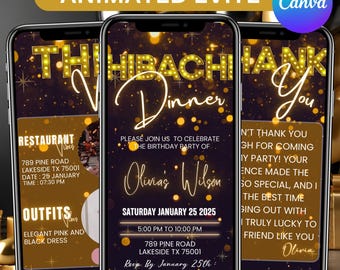 Digitale Hibachi-uitnodiging, geanimeerde verjaardags- of dineruitnodiging, zwart-gouden uitnodiging voor een Japans restaurant met diamanten, bewerkbaar via Canva.