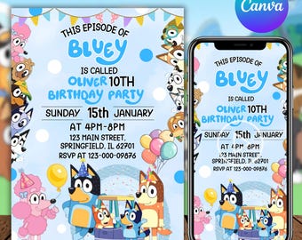 ブルーイの誕生日招待状 Bingの誕生日招待状 編集可能なブルーイとビンゴの誕生日招待状 ブルーイの誕生日パーティー招待状、Canvaで編集可能