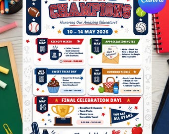 Sports All-Star Teacher Appreciation Week Itinerary Poster, School Staff Event Schedule Flyer, 8.5x11 Printable, DIY Text, Instant Download