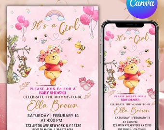 Bewerkbare Winnie de Pooh babyshower uitnodiging, digitale uitnodiging Oh girl, blauwe Winnie de Pooh uitnodiging, bewerkbaar via Canva