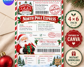 Editable Santa Shipping Label, North Pole Delivery Sticker, Christmas Delivery Postage Label, DIY Text, Instant Download