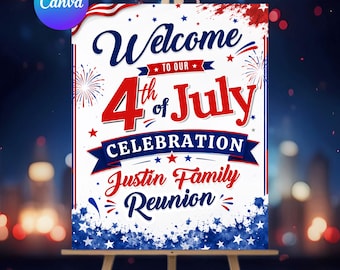 Sjabloon VS 4 juli feest welkomstbord, bord Fourth of July familiereünie, BBQ-feest welkomstbord, DIY-tekst, Instant Download