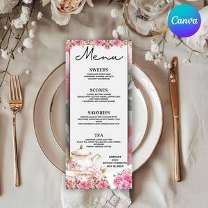 Peut inclure: Une carte de menu rectangulaire avec un design floral et le mot "Menu" en haut. Le menu répertorie les sucreries, les scones, les plats salés et les options de thé. Le bas de la carte indique "Sophia's 18th Birthday Celebration July 15, 20XX."