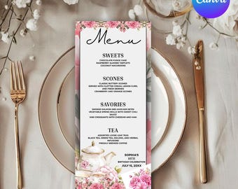 Blush roze high tea menukaarten, Afternoon Tea Party, tuinfeest, babyshower, vrijgezellenfeest, afdrukbaar menu, tekst DIY, direct downloaden