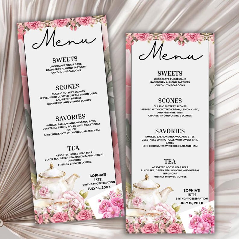 Spring Time High Tea Menu Card Blush Pink High Tea Menu Cards, Afternoon Tea Party, Garden Party, Baby ...