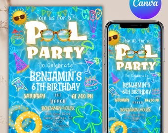 Uitnodiging zwembadfeest, zomerverjaardagsfeestje, tekstuitnodiging, uitnodiging zwembadfeest, elektronische uitnodiging, digitale uitnodiging, canva bewerkbaar