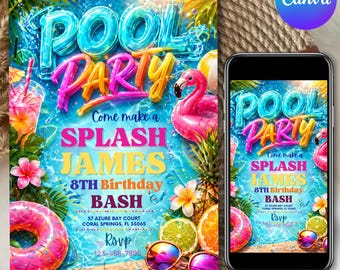 Girls Pool Party Birthday Invitation Canva Template, Editable Summer Pool Party Invite, Teenage Birthday Invitation, Digital Download