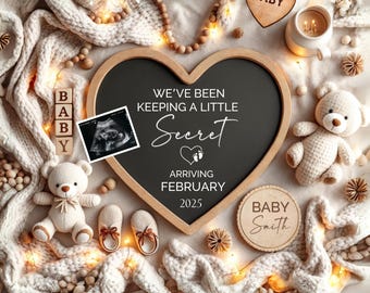 Digitale boho zwangerschapsaankondiging voor sociale media, genderneutrale baby, geheim houden, kleine teddybeer, bewerkbaar in Canva