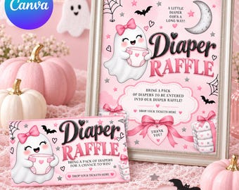 Little Boo Baby Shower Diaper Raffle Sign, Pink Halloween Diaper Raffle, Printable Ghost Baby Shower Diaper Raffle Ticket, Instant Download