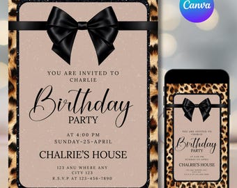 Cheetah Print Birthday Invitation, Coquette Bow Party Invite, Pink Leopard Birthday Invite, DIY Text, Instant Download