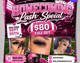 Flyer voor de Homecoming wimperactie, Homecoming wimperuitverkoop, Flyer voor wimperboekingen, Wimperpromotie, Schoonheidsaanbieding, Bewerkbare Canva-sjabloon