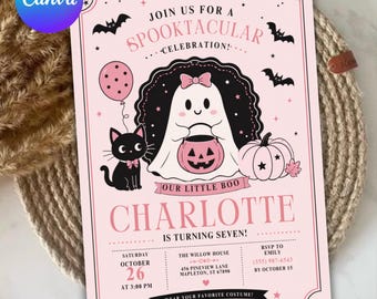 Halloween verjaardagskaart, roze Halloween feestuitnodiging, Halloween uitnodiging met strik, schattige Halloween verjaardag, bewerkbaar Canva-sjabloon