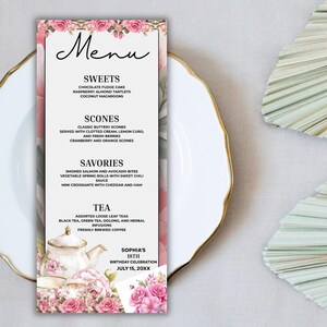 Spring Time High Tea Menu Card Blush Pink High Tea Menu Cards, Afternoon Tea Party, Garden Party, Baby ...
