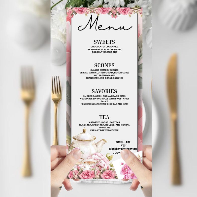 Spring Time High Tea Menu Card Blush Pink High Tea Menu Cards, Afternoon Tea Party, Garden Party, Baby ...