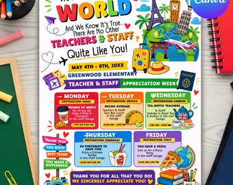 Editable Teacher Appreciation Week Itinerary Flyer, World Travel Theme Teacher Appreciation Poster, School Staff Event, Instant Download