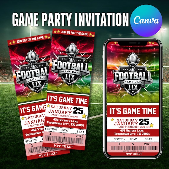 The Big Game Party Invitation, Football Ticket, Football Invitation, Game party invitation, Big game party invite, Canva Editable