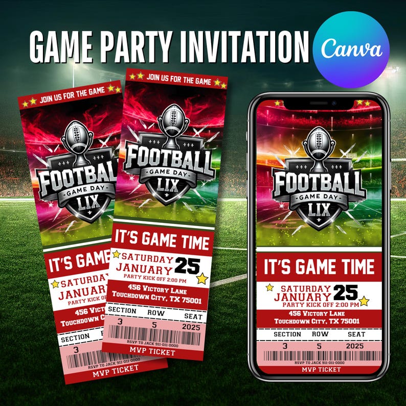 The Big Game Party Invitation, Football Ticket, Football Invitation, Game party invitation, Big game party invite, Canva Editable