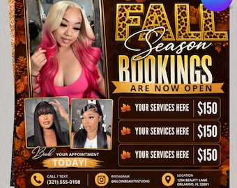 Flyer voor boekingen in de herfst, Flyer voor de herfstuitverkoop, Flyer voor boekingen in september, Flyer voor wimpers, nagels, vlechten en make-up in de herfst, Canva-sjabloon voor het plaatsen van een pruik in de herfst