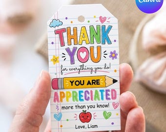 Leraar waardering cadeaukaartjes afdrukbare, bewerkbare dank u leraar Tags, canva sjabloon, eindejaarscadeau etiketten leraar, Instant Download