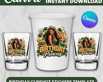 Birthday Party Stickers, Birthday Girl Green and Gold Styrofoam Cup Sticker, Zodiac Cup Sticker, DIY Text, Instant Download