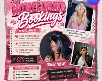 Homecoming Booking Flyer, HOCO Specials Flyer, Hair Lash Braids Booking Template, Beauty Flash Sale Flyer, DIY Canva