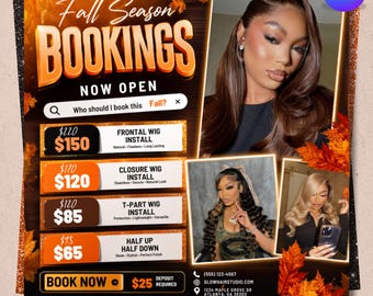 Flyer voor boekingen in de herfst, Flyer voor de herfstuitverkoop, Flyer voor boekingen in september, Flyer voor wimpers, nagels, vlechten en make-up in de herfst, Canva-sjabloon voor het plaatsen van een pruik in de herfst