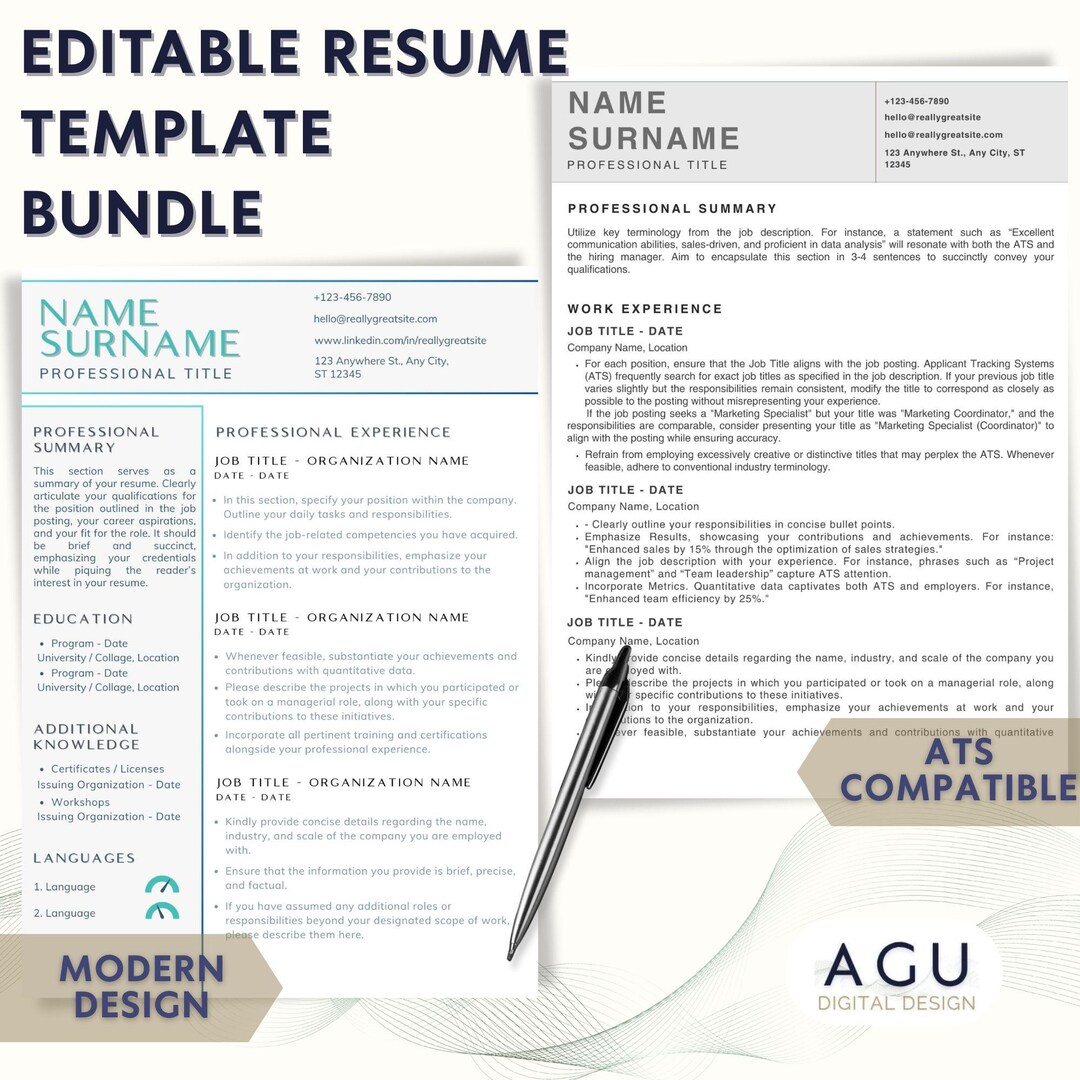 Modern & ATS Resume Template Bundle | Editable Canva CV | Cover Letter ...