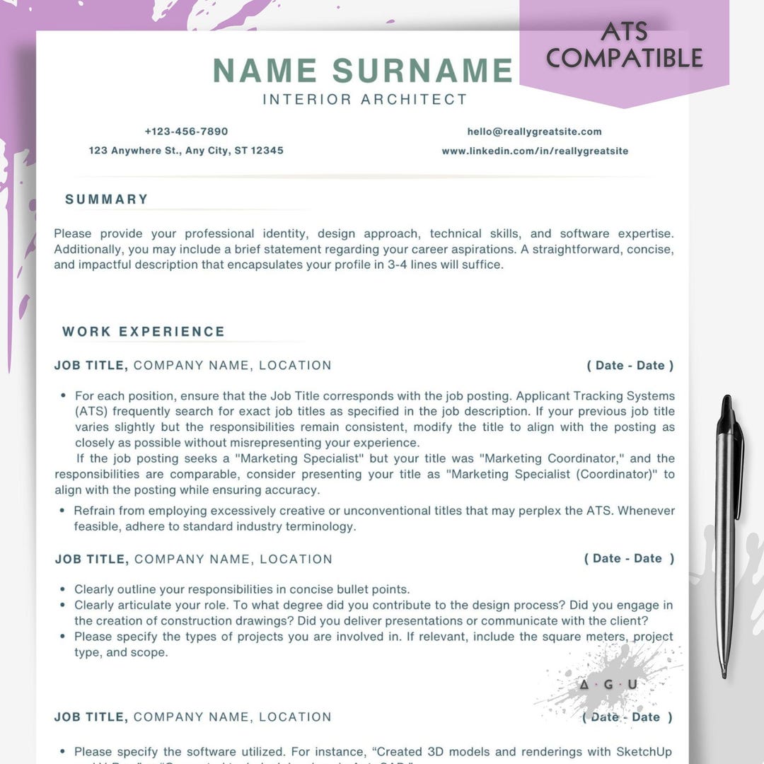 Interior Designer Resume Template | ATS Friendly Interior CV | Editable ...