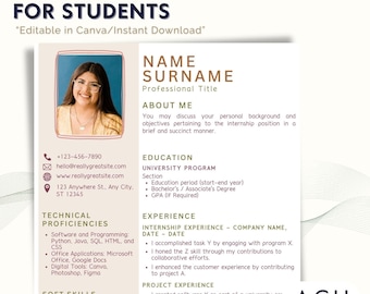 May include: Modern resume template for students, featuring a photo of a smiling person. The template includes sections for name, professional title, about me, education, experience, and skills. The design is clean and professional, with a light background and dark text.