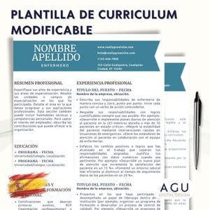 May include: A customizable resume template with a teal and white design. The template includes sections for name, professional summary, experience, education, and certifications. The text is in Spanish, with a website and contact information at the top.