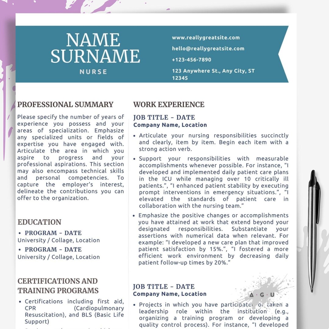 Nurse Resume Template | ATS Friendly Nursing CV | Editable Canva ...