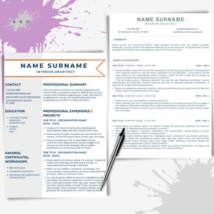 Plantillas de currículum vitae modernas y ATS para arquitectos de interiores (Canva), personalizables, minimalistas, sencillas, con carta de presentación y de recomendación.