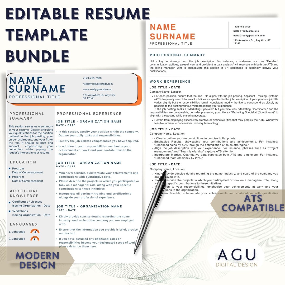 Modern & ATS Resume Template Bundle | Editable Canva CV | Cover Letter ...