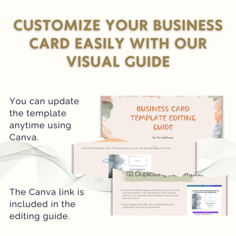 May include: A visual guide for customizing business cards. The image includes the text "CUSTOMIZE YOUR BUSINESS CARD EASILY WITH OUR VISUAL GUIDE." It also shows a business card template editing guide and instructions for using Canva to update the template.