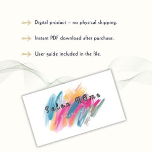 May include: A white card with the text "Salon Name" in a script font, with the words "Beauty salon" below. The card has a colorful abstract design in shades of blue, orange, pink, and green. The image also includes text about the product being a digital download.