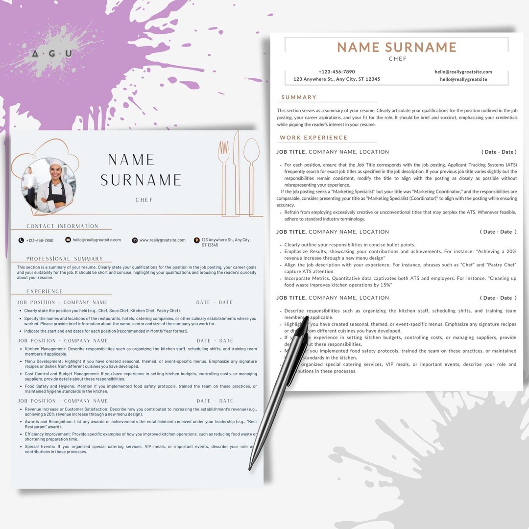 Chef/cook Modern & ATS Resume Template Bundle | Editable Canva CV ...