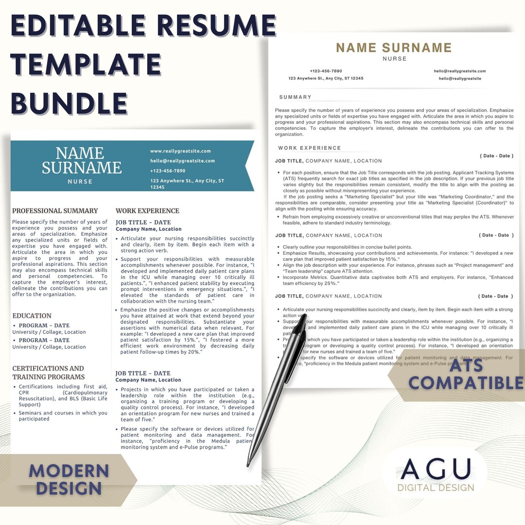 Nurse Modern & ATS Resume Template Bundle | Editable Canva CV | Cover ...