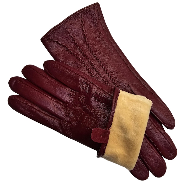 Womens Genuine Leather Gloves: Soft Fleece Lined Winter One Piece Gloves Wine