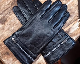 SCHOTT N.Y.C 1980s Men Winter GLOVES & Logo ~ Black Leather