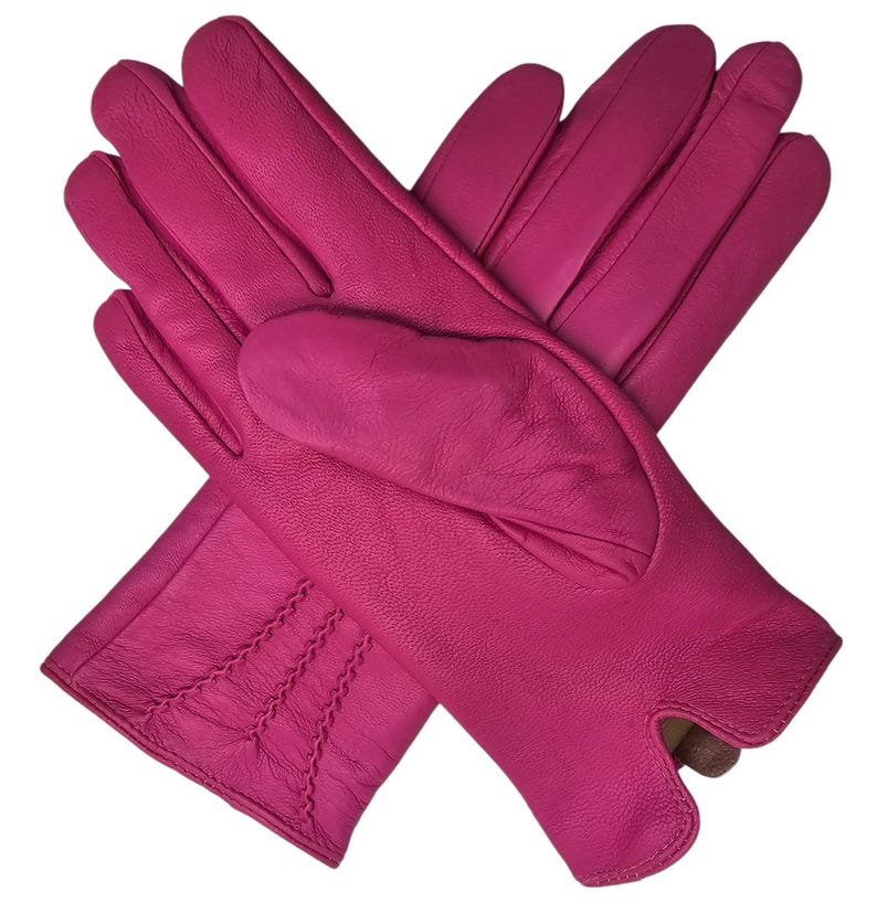 Womens Genuine Leather Gloves: Soft Fleece Lined Winter One Piece Gloves Bright Pink