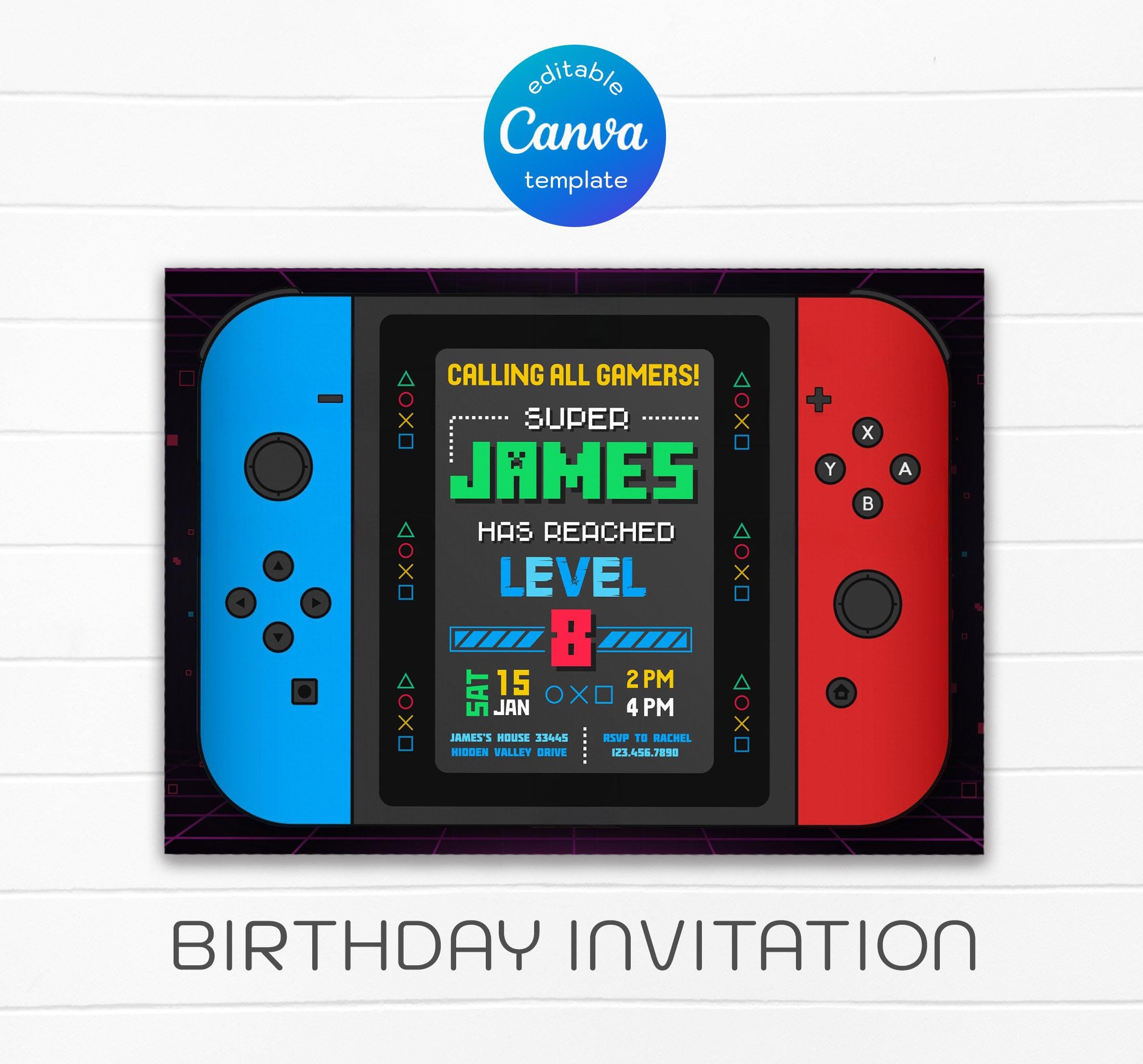Editable Switch Invite, Printable Gamer Birthday Invitation, Video