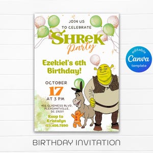 Shrek Birthday invitation, printable Shrek Invitation, Fiona Party Invite Template, Editable Invitation, boy girl birthday