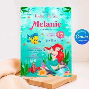 May include: An invitation with an "Under the Sea" theme. The invitation features a mermaid, a yellow fish, and a red crab. The text reads "Melanie is turning six" and includes event details. The invitation is a Canva template.