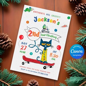 May include: A colorful birthday invitation featuring a cartoon cat riding a skateboard. The invitation says "Birthdays are groovy! Jackson's 2nd birthday" and includes the date, time, and location of the party. The invitation is decorated with colorful buttons, a turtle, and a frog.