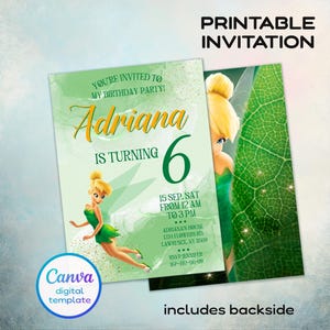 Peut inclure: Une invitation d'anniversaire imprimable avec une fée de dessin animé en robe verte. L'invitation est vert clair avec du texte doré qui dit "Adriana a 6 ans". Comprend la date, l'heure et le lieu. Le modèle numérique Canva comprend un verso.